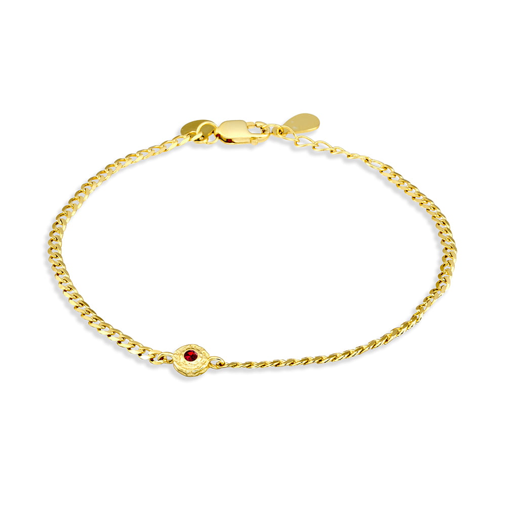 Sterling silver gold plated flat curb bracelet with hammered circle and set CZ
