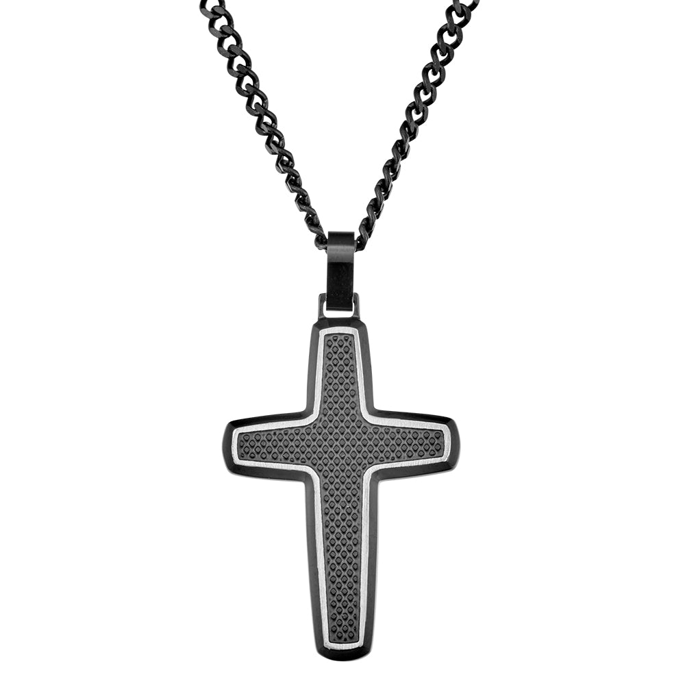 Blaze stainless carbon fibre black and steel cross pendant with black chain