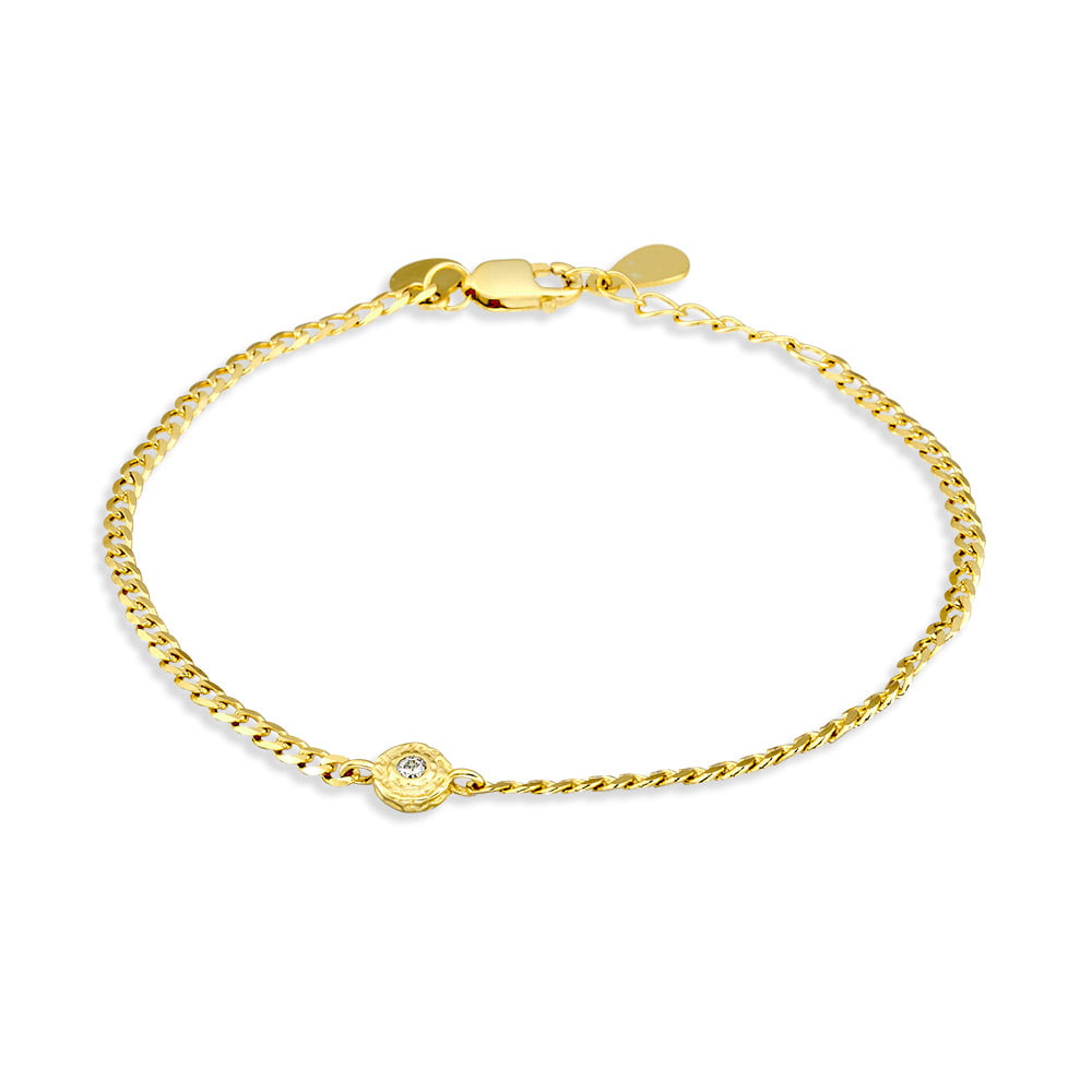 Sterling silver gold plated flat curb bracelet with hammered circle and set CZ