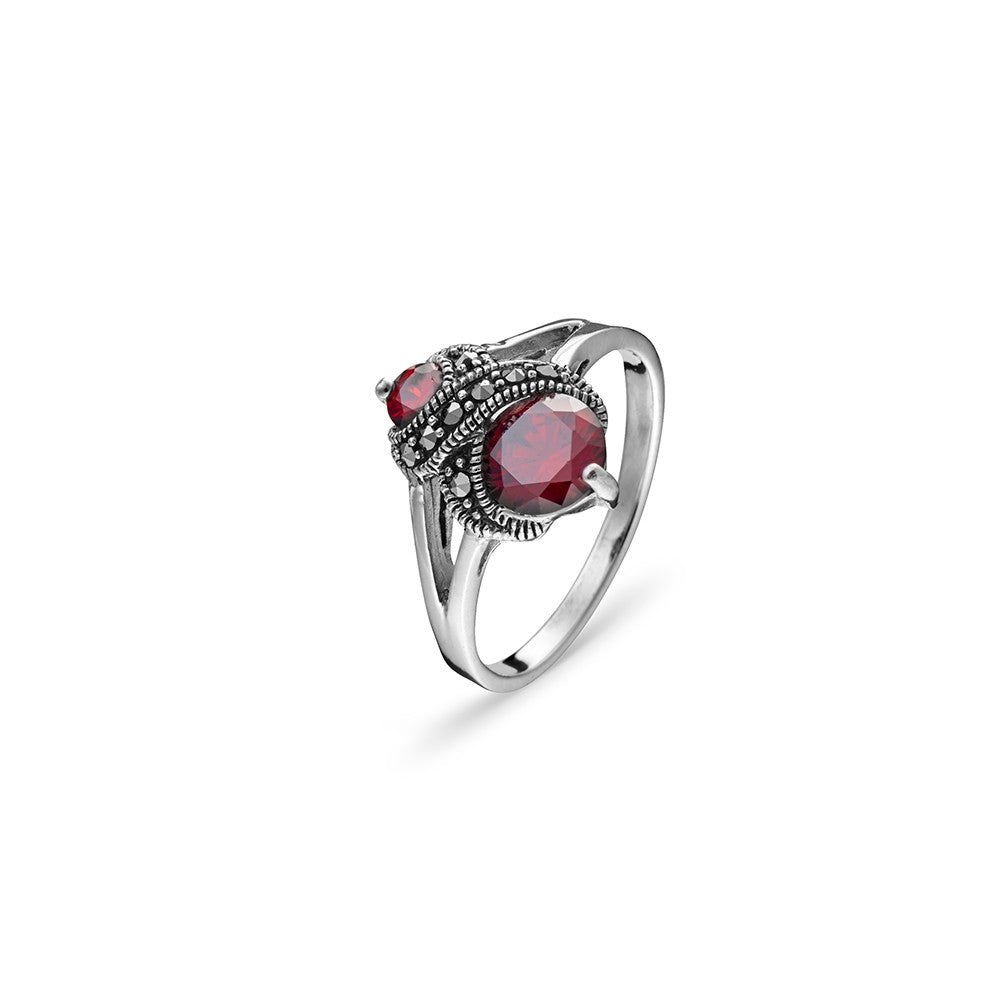 Sterling silver, marcasite and garnet CZ ring