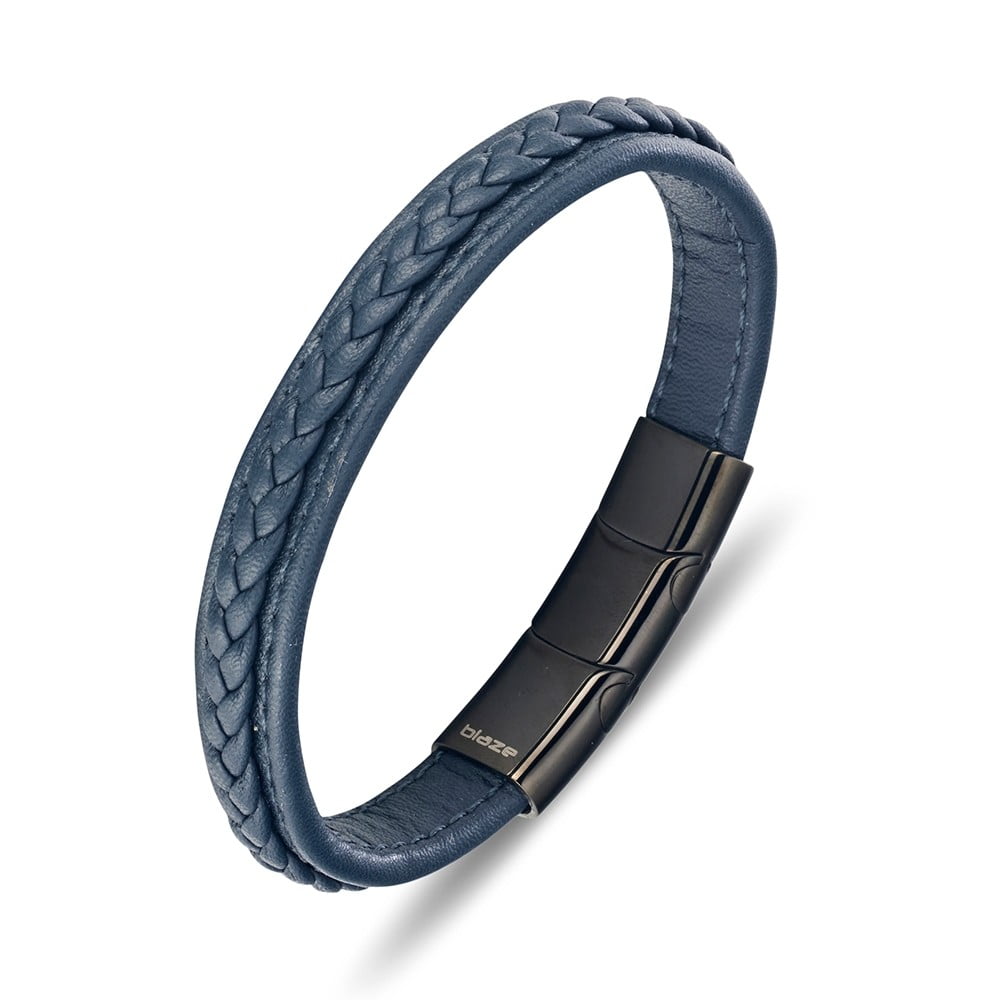 Blaze stainless steel men’s leather bangle with stitching