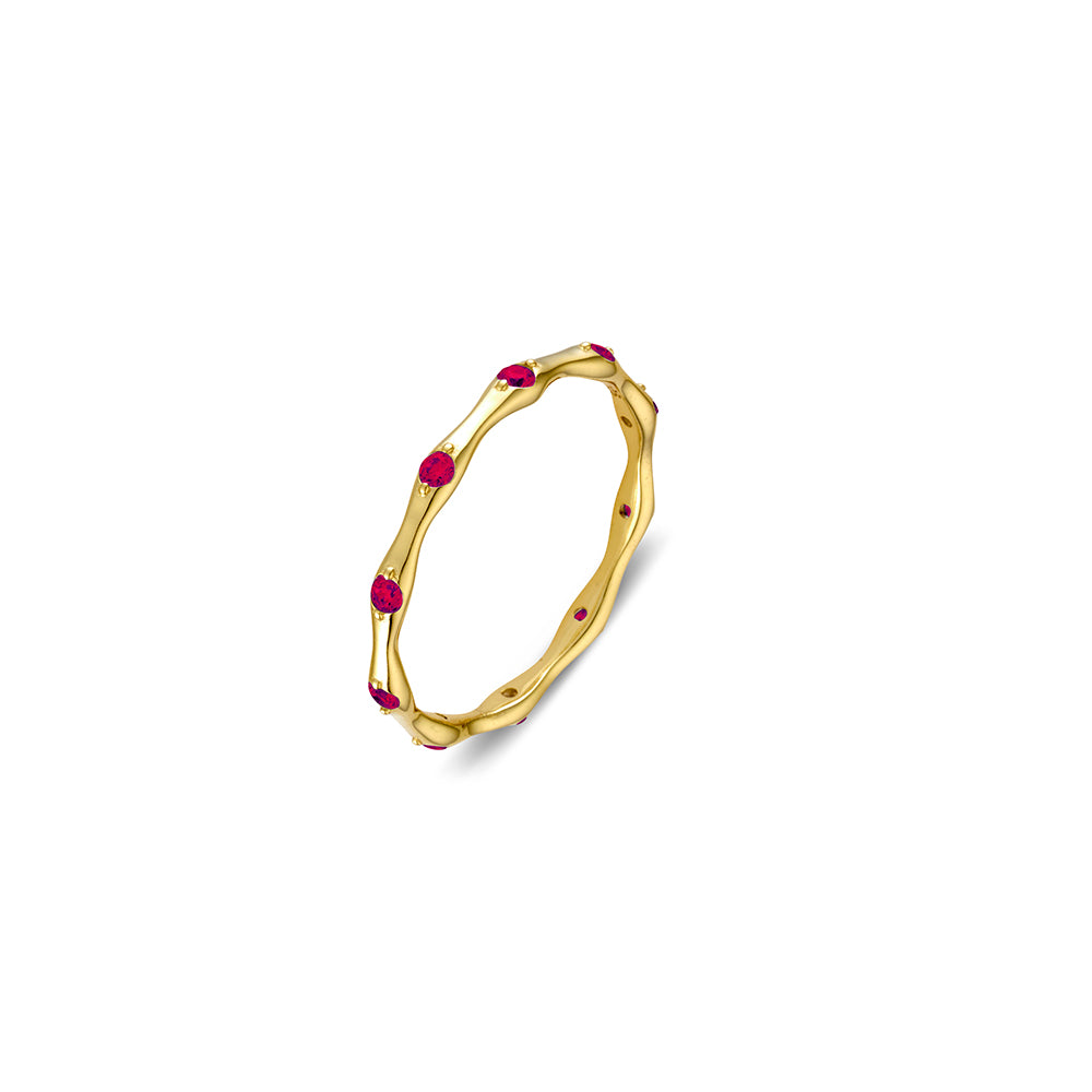 Sterling silver gold plated abstract shape band ring with ruby pink CZ