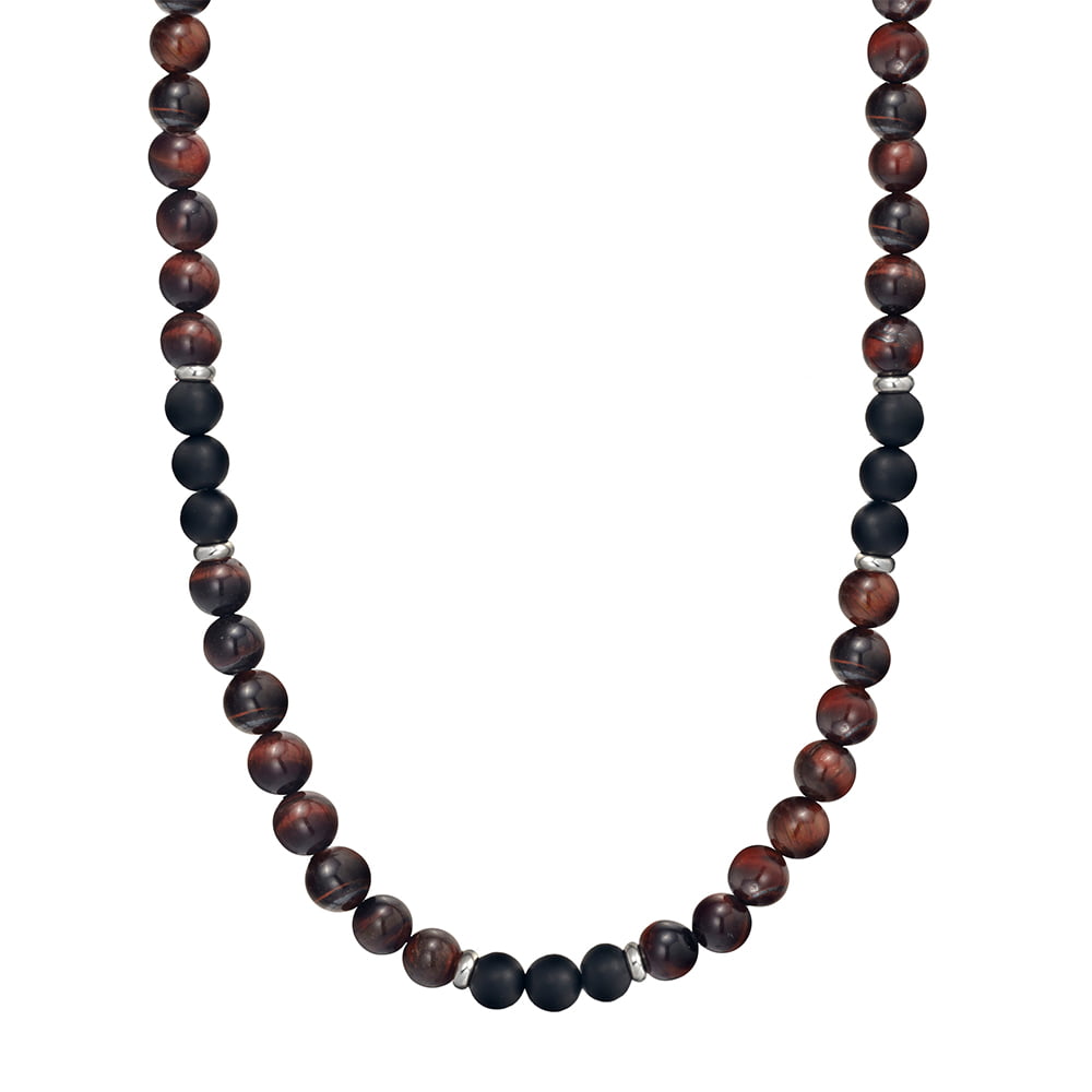 Blaze men’s red tiger eye and black onyx bead necklace with stainless steel lobster clasp