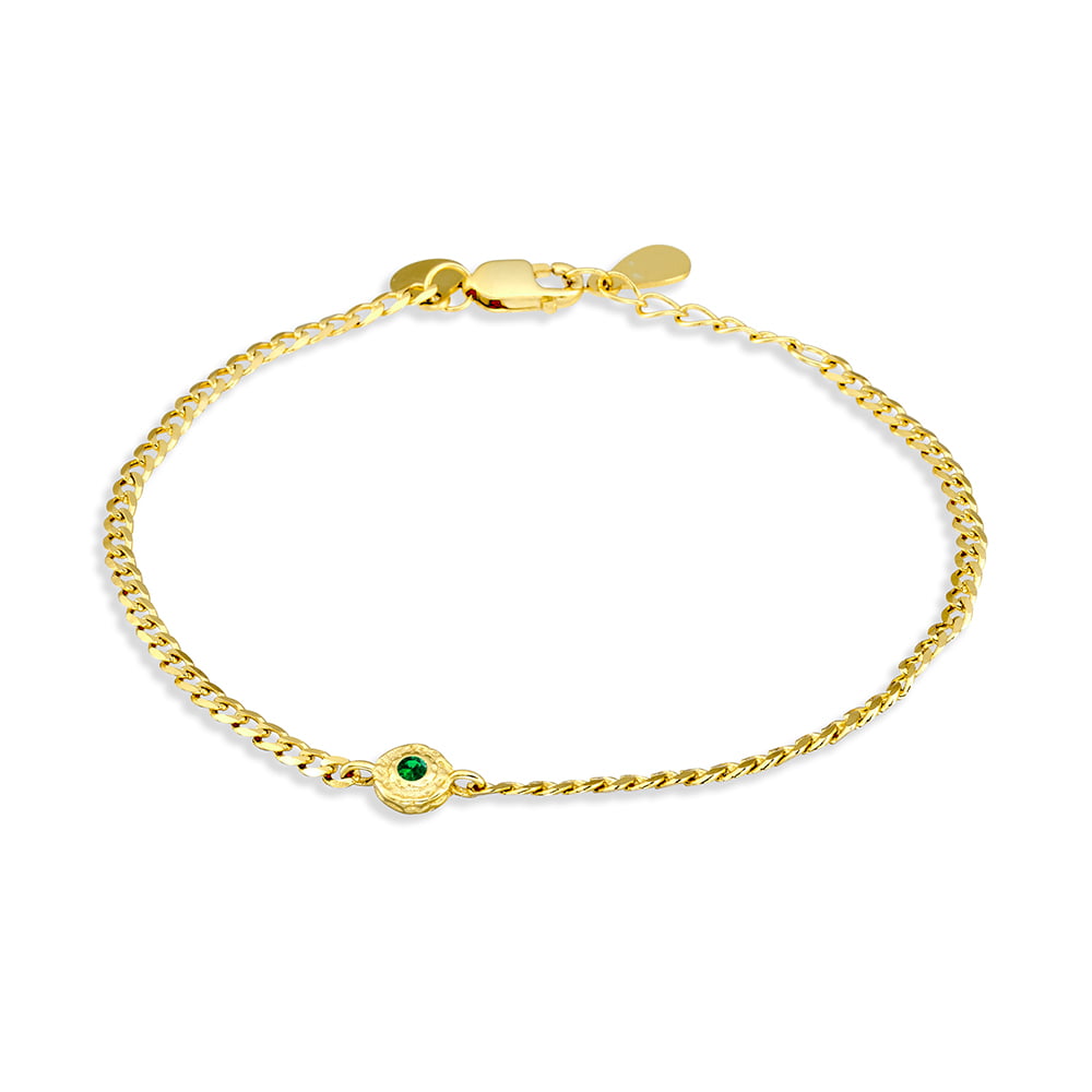 Sterling silver gold plated flat curb bracelet with hammered circle and set CZ