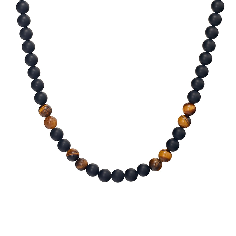 Blaze men’s tiger eye and matte onyx bead necklace with stainless steel lobster clasp