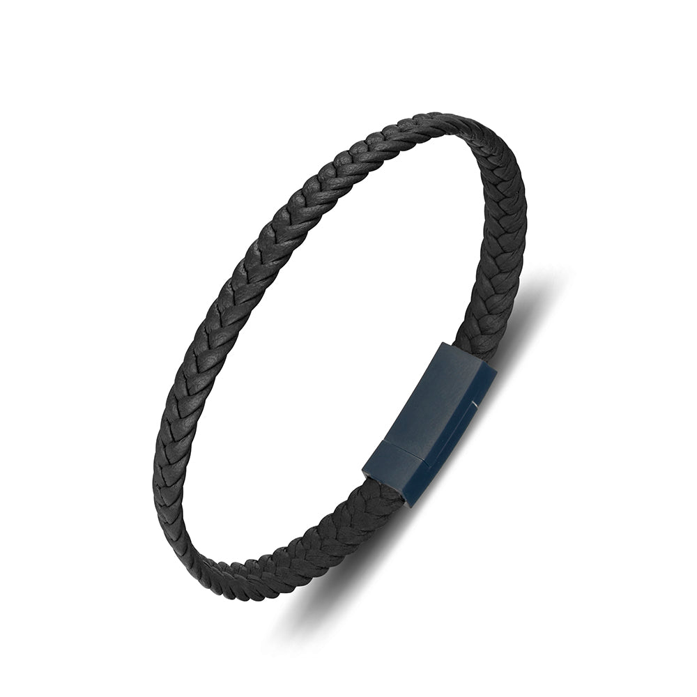 Blaze stainless steel men’s black leather bangle