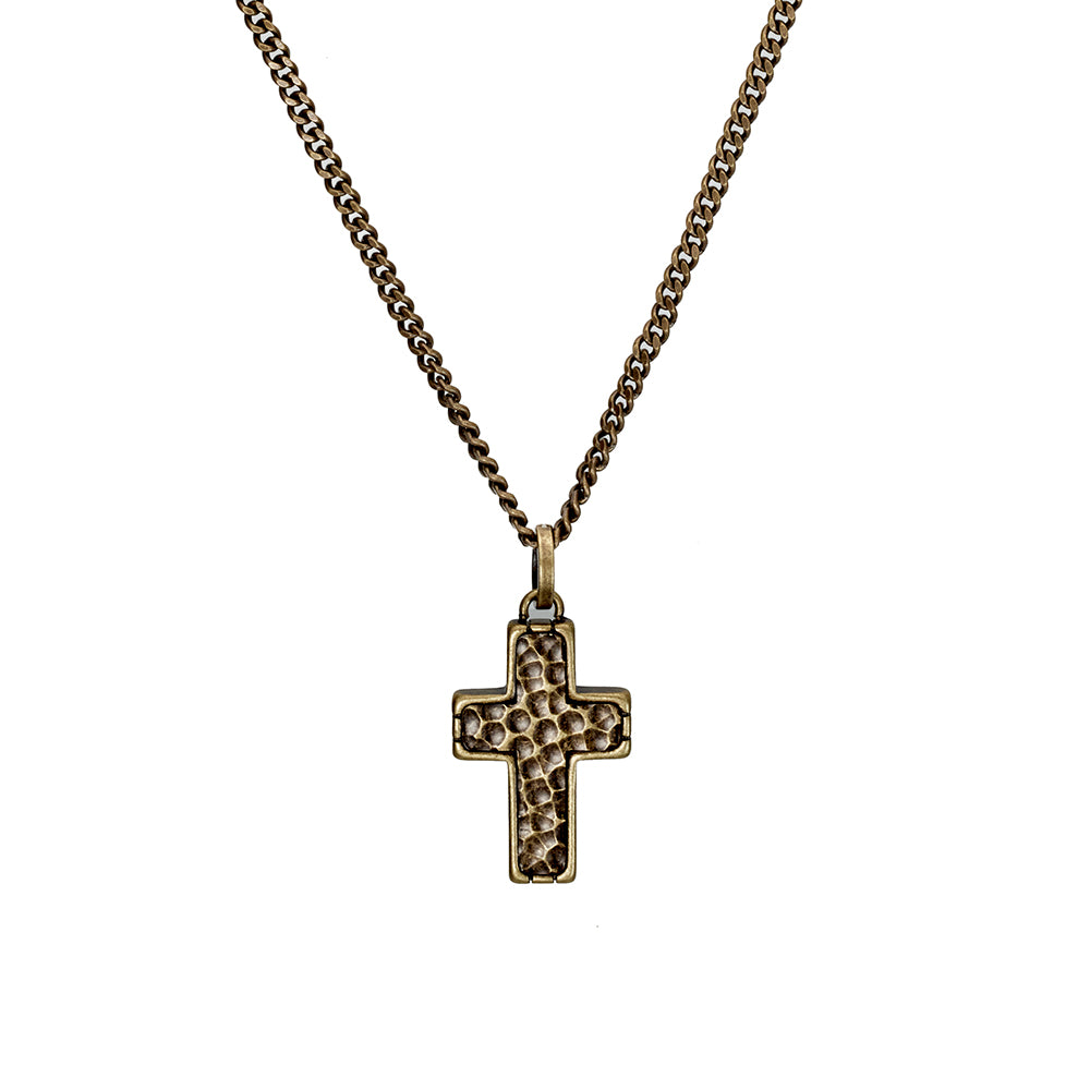 Blaze men’s stainless steel necklace with hammered cross pendant in bronze