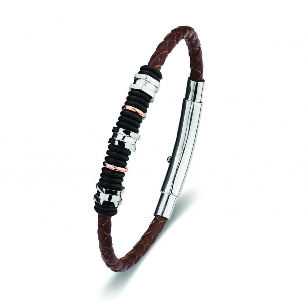 Blaze stainless steel men’s leather bangle with bead detail