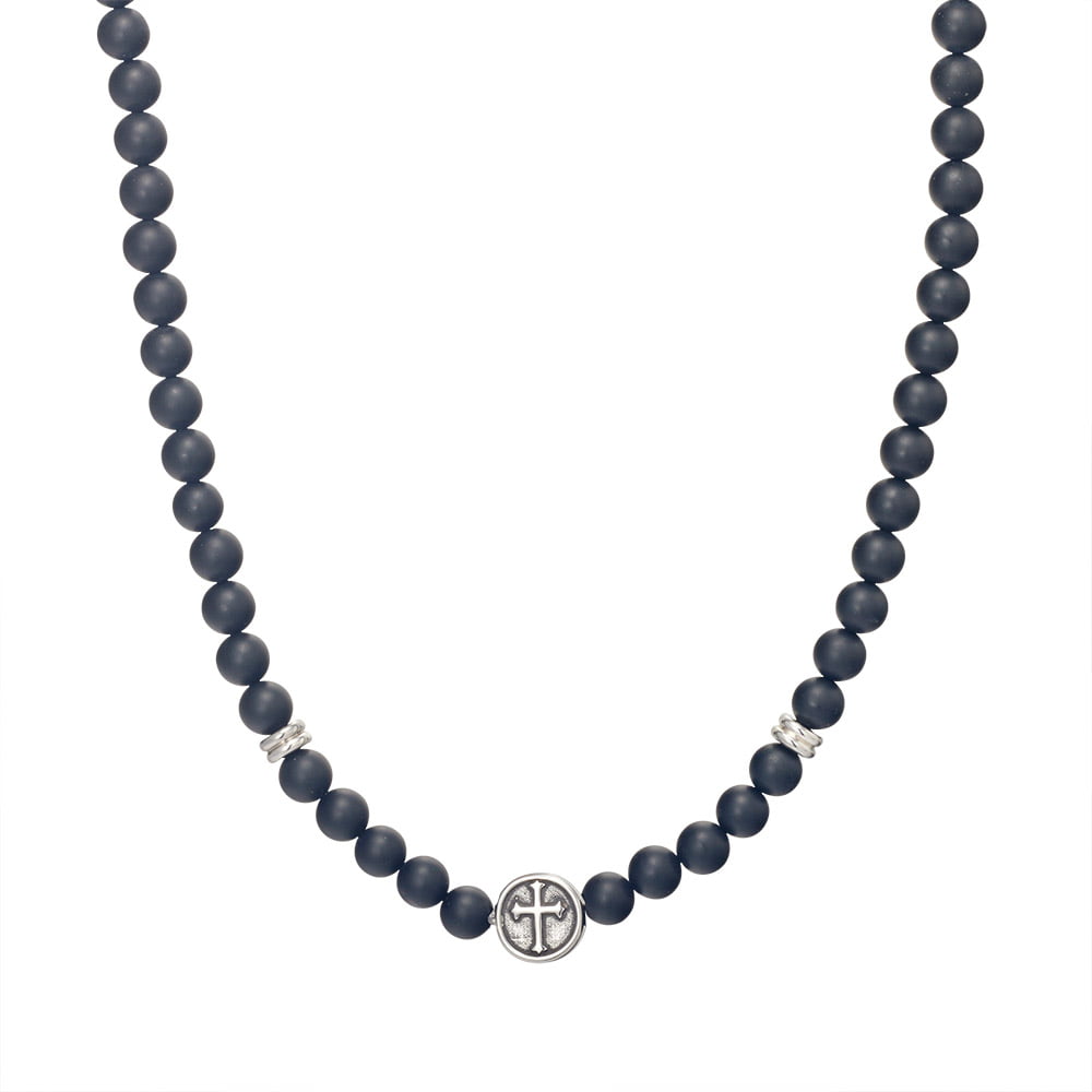 Blaze men’s black onyx bead necklace with stainless steel cross details and lobster clasp