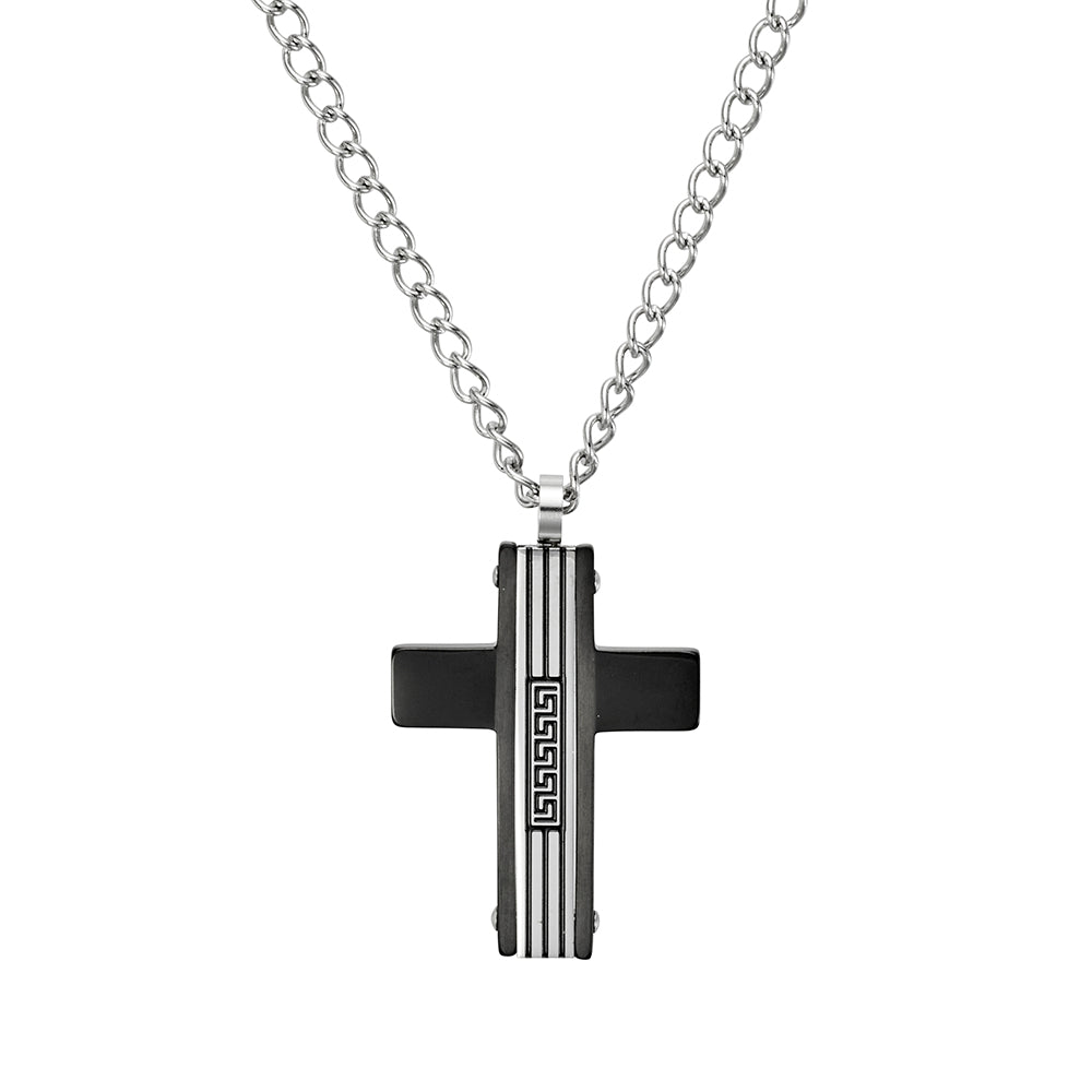Blaze men’s black and stainless steel Greek keys cross pendant necklace