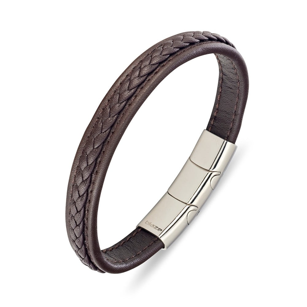 Blaze stainless steel men’s leather bangle with stitching