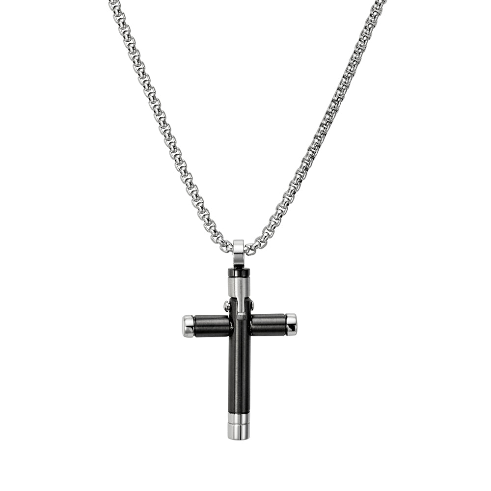 Blaze men’s rounded black and stainless steel cross pendant necklace