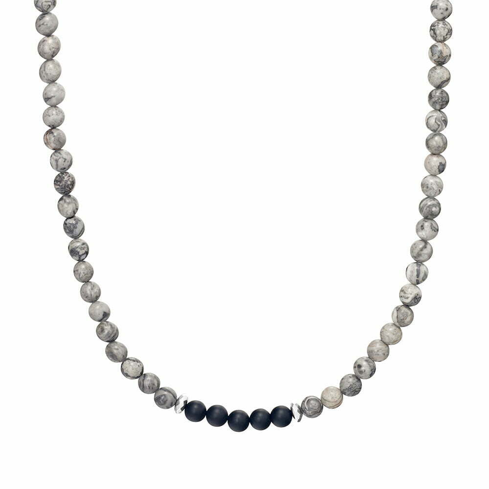 Blaze men’s grey jasper and black onyx bead necklace with stainless steel lobster clasp