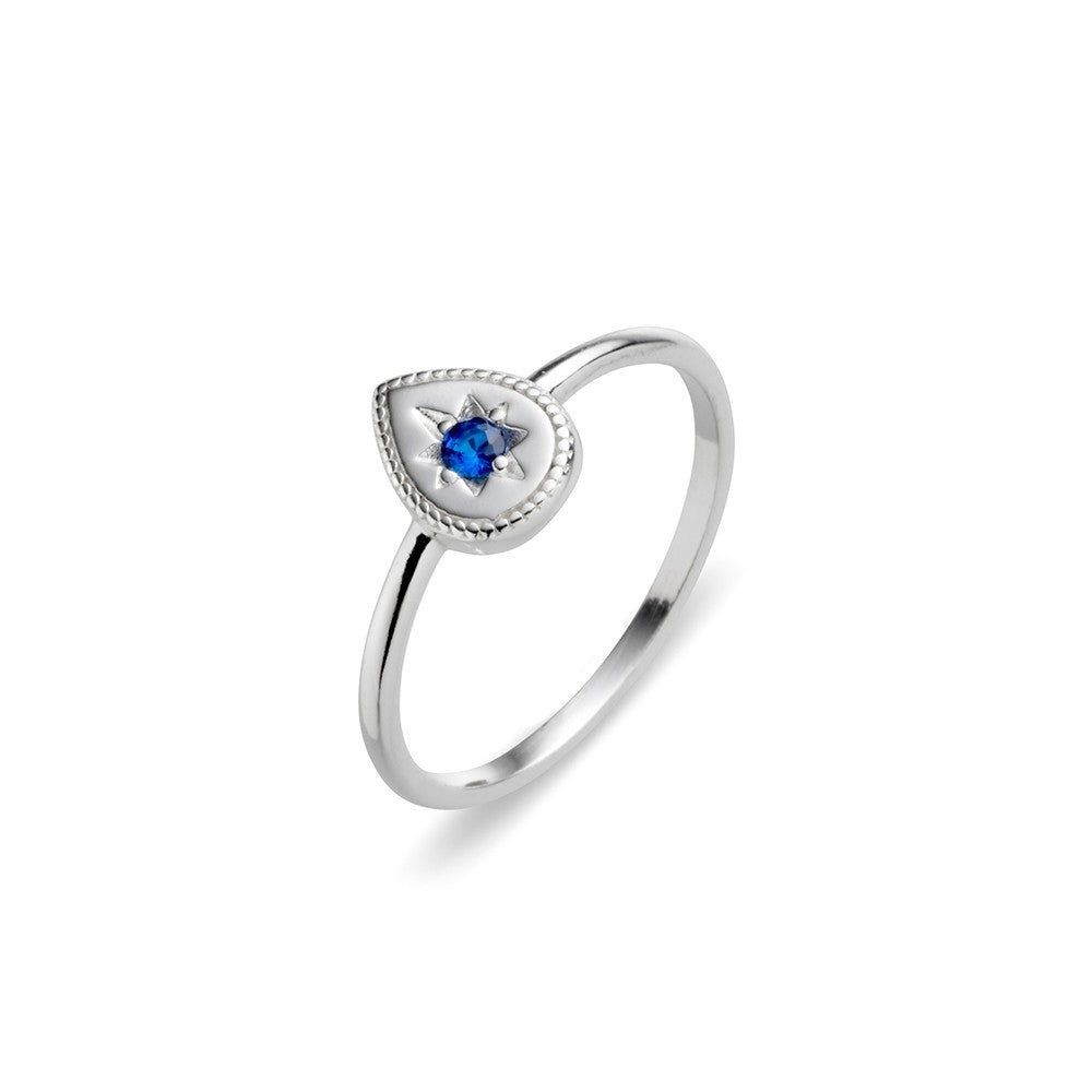Sterling silver ring with teardrop ring with sapphire CZ