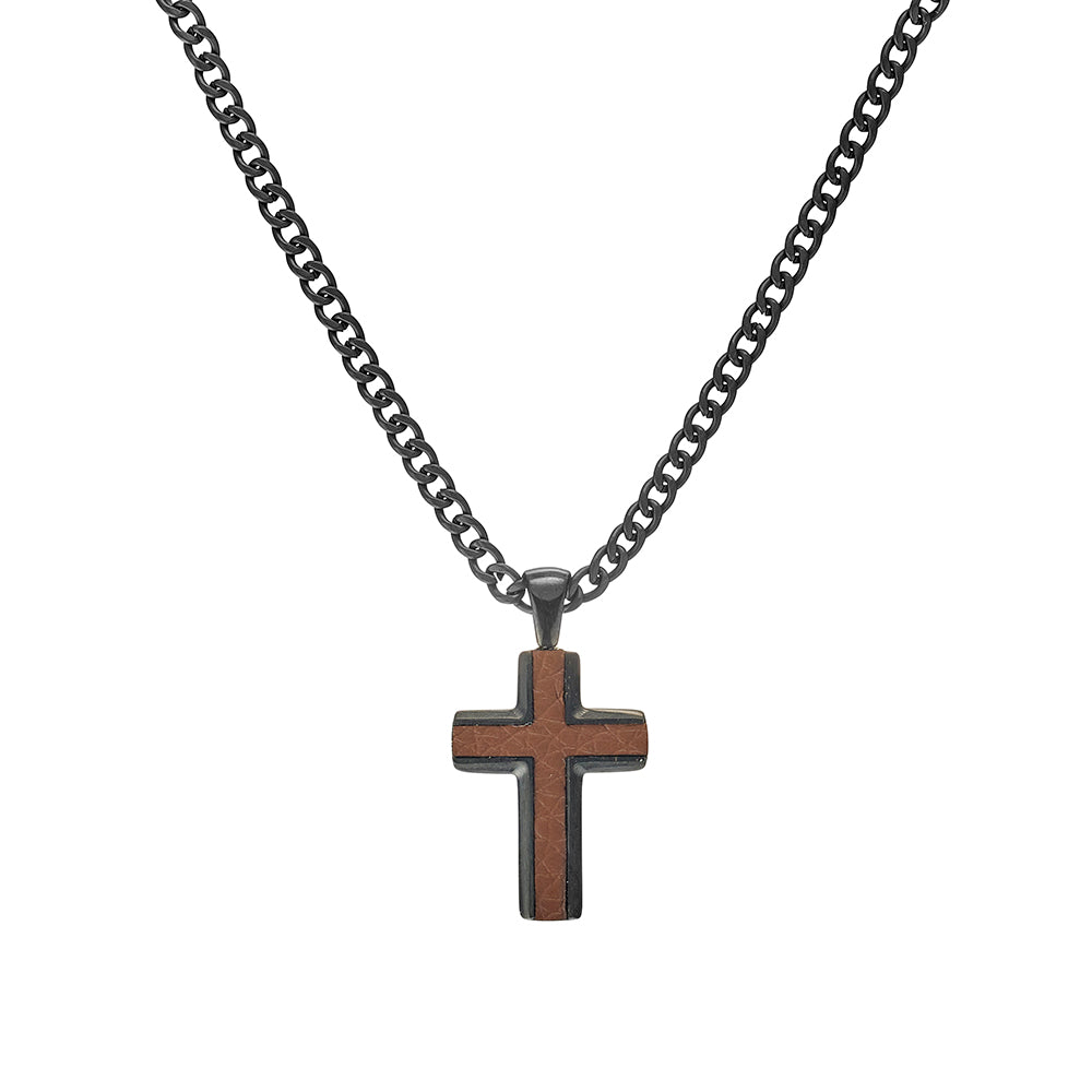 Blaze men’s matte black and brown leather cross pendant necklace