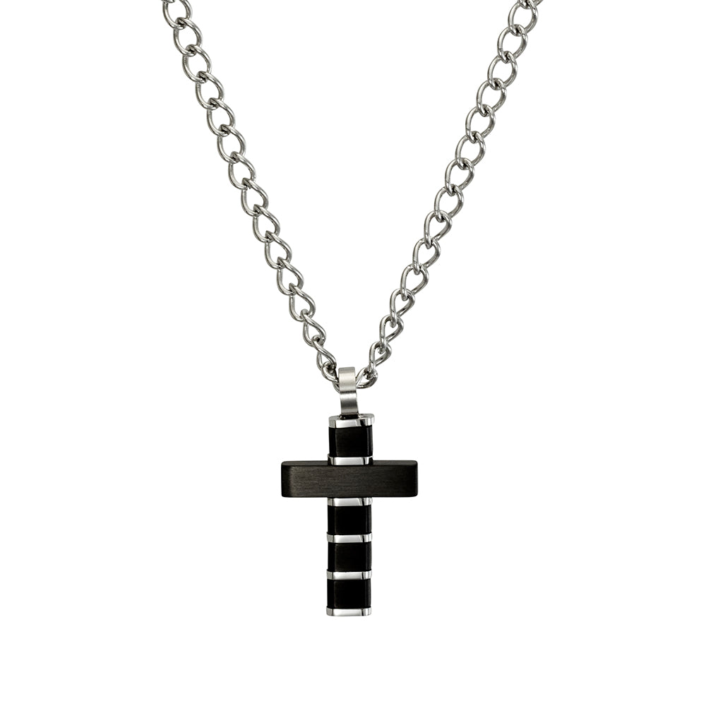 Blaze men’s flat black and stainless steel cross pendant necklace with curb chain