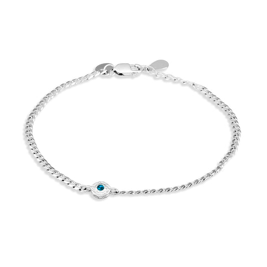 Sterling silver flat curb bracelet with hammered circle and set blue CZ
