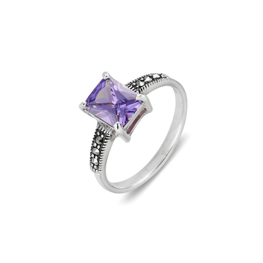 Sterling silver, marcasite ring with Amethyst CZ