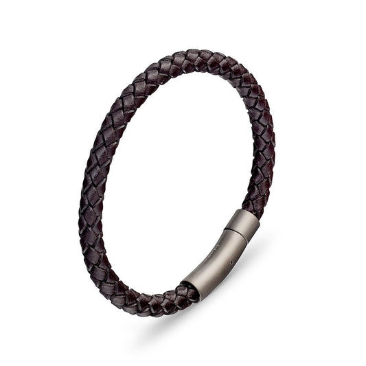 Blaze men’s thin plaited leather bangle with matte silver stainless steel clasp