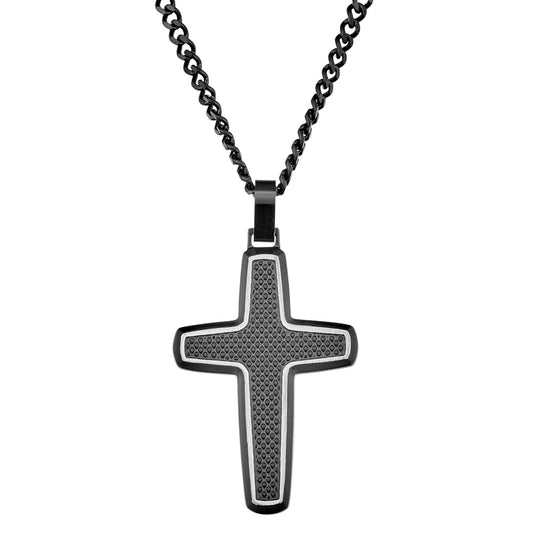 Blaze stainless carbon fibre black and steel cross pendant with black chain