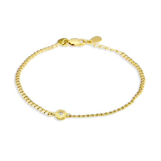 Sterling silver gold plated flat curb bracelet with hammered circle and set CZ