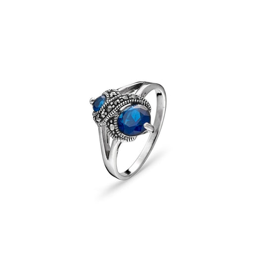 Sterling silver, marcasite and sapphire CZ ring
