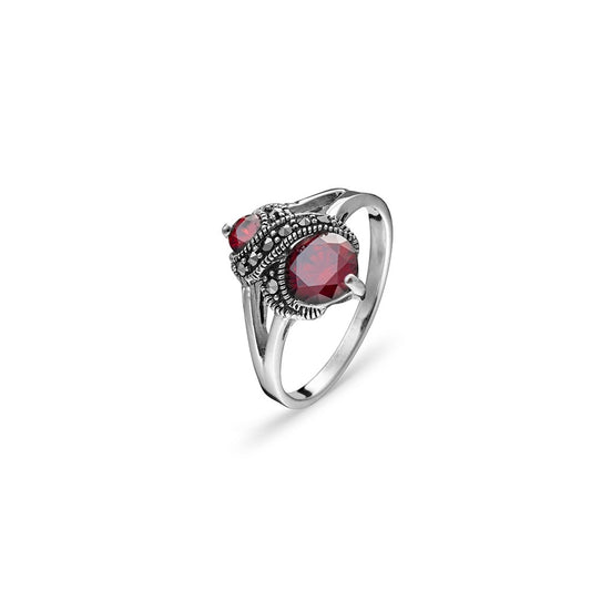 Sterling silver, marcasite and garnet CZ ring