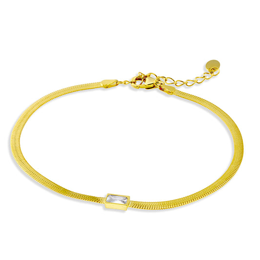 Sterling silver gold plated flat snake chain bracelet with set white CZ