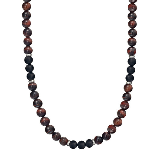 Blaze men’s red tiger eye and black onyx bead necklace with stainless steel lobster clasp