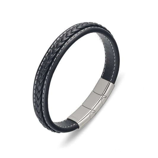 Blaze stainless steel men’s leather bangle with stitching