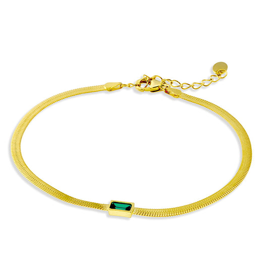 Sterling silver gold plated flat snake chain bracelet with set emerald CZ