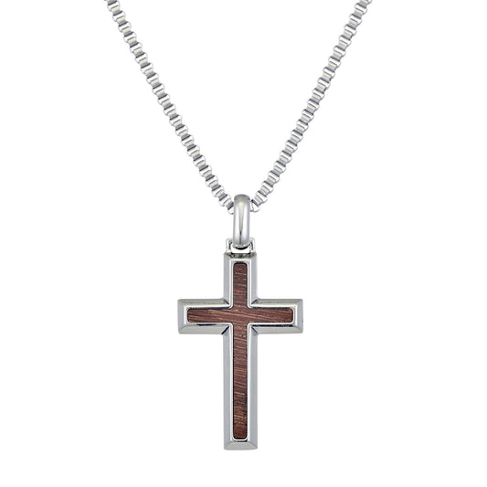 Blaze men’s stainless steel polished cross with wood inlay pendant necklace