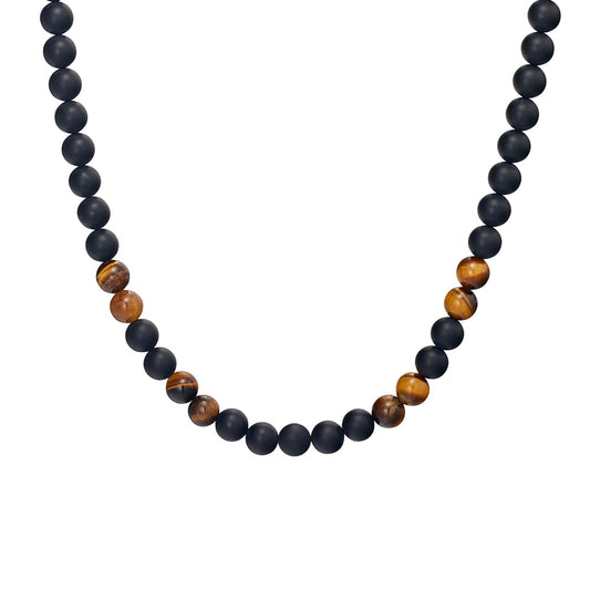 Blaze men’s tiger eye and matte onyx bead necklace with stainless steel lobster clasp