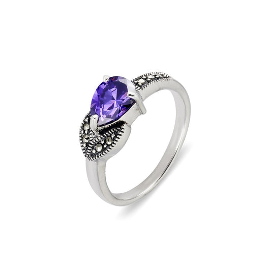 Sterling silver, marcasite ring with Amethyst CZ