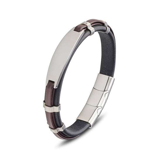 Blaze stainless steel leather bangle featuring metal detail with ID plate