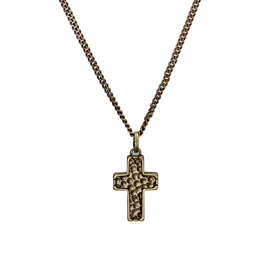 Blaze men’s stainless steel necklace with hammered cross pendant in bronze
