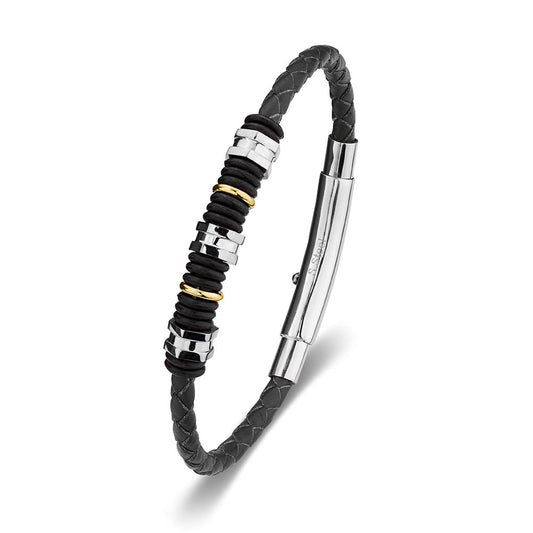 Blaze stainless steel men’s leather bangle with bead detail