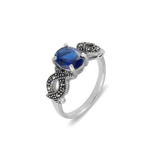 Sterling silver, marcasite ring with sapphire CZ