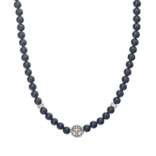Blaze men’s black onyx bead necklace with stainless steel cross details and lobster clasp