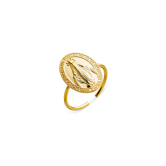 Sterling silver gold plated Mother Mary oval inscription ring