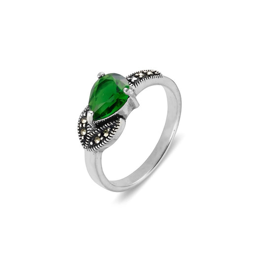 Sterling silver, marcasite ring with emerald CZ