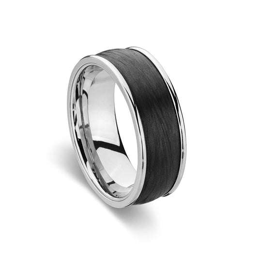 Blaze Ore stainless steel men’s black carbon fibre inlay detail ring
