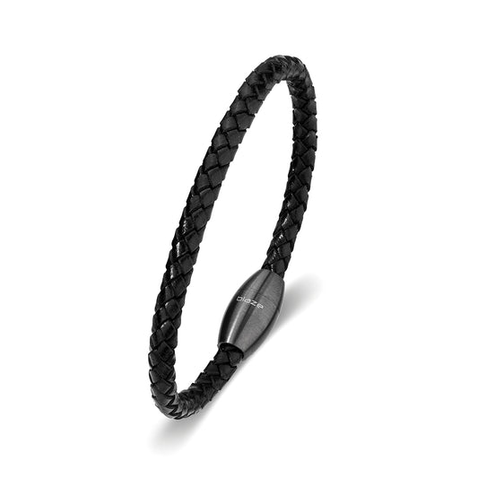 Blaze stainless steel men’s black leather bangle with matte gunmetal magnetic clasp