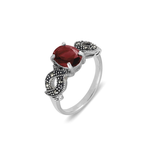 Sterling silver, marcasite ring with garnet CZ