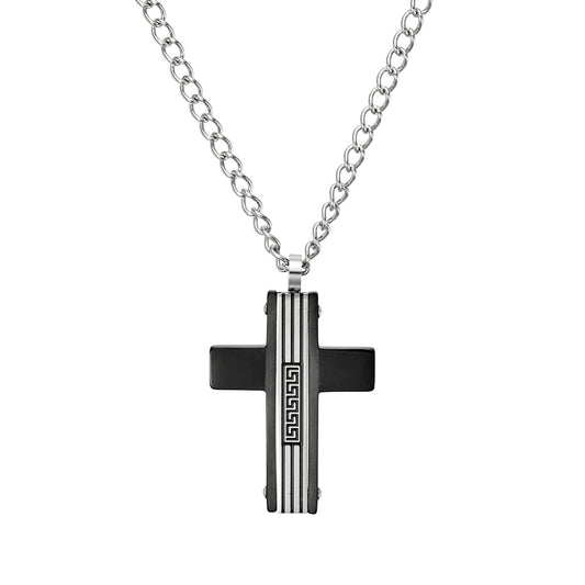 Blaze men’s black and stainless steel Greek keys cross pendant necklace