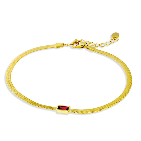 Sterling silver gold plated flat snake chain bracelet with set ruby pink CZ