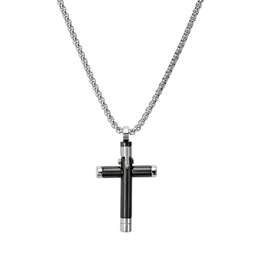 Blaze men’s rounded black and stainless steel cross pendant necklace