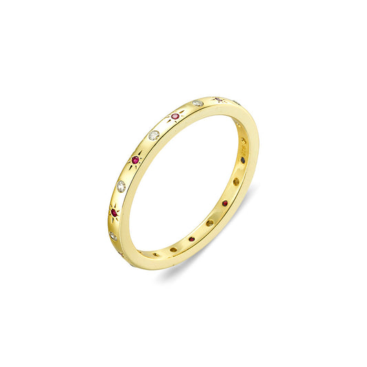 Sterling silver 14k gold plated ruby pink CZ star fine band ring