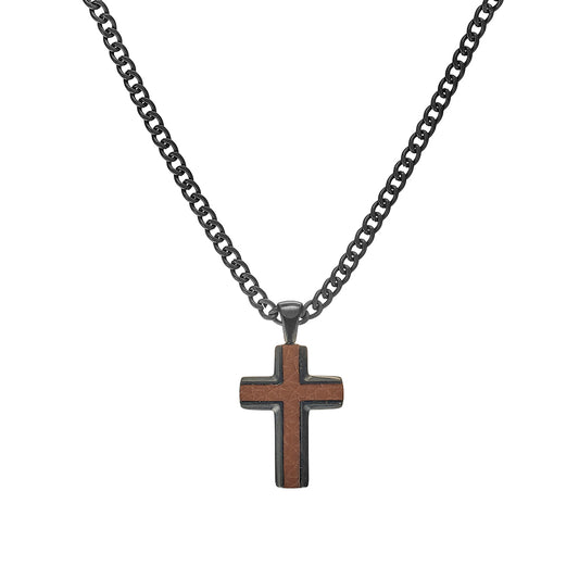 Blaze men’s matte black and brown leather cross pendant necklace