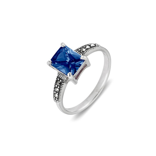 Sterling silver, marcasite ring with Sapphire CZ